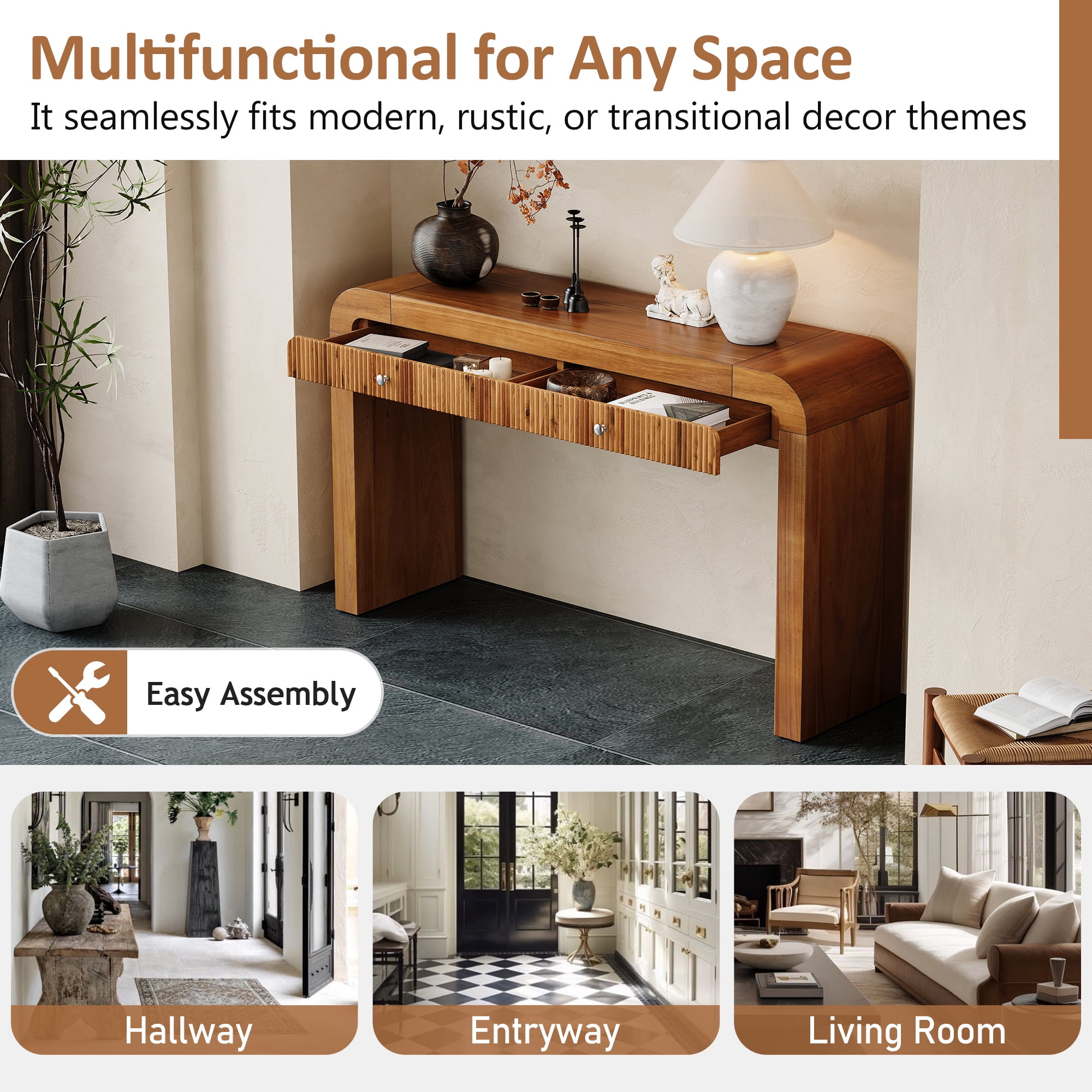 Harper & Bright Designs Wood Console Table with Storage , Flutde Entryway Table with Curved Corners for Hallway & Living Room , Brown