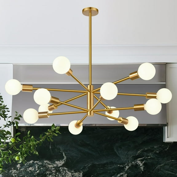 33" Modern Chandelier Ceiling Light Fixture, 12-Light Sputnik Chandeliers Brushed Gold Mid Century Chandelier Over Table, Height Adjustable Chandeliers for Dining Room Living Room Kitchen Island