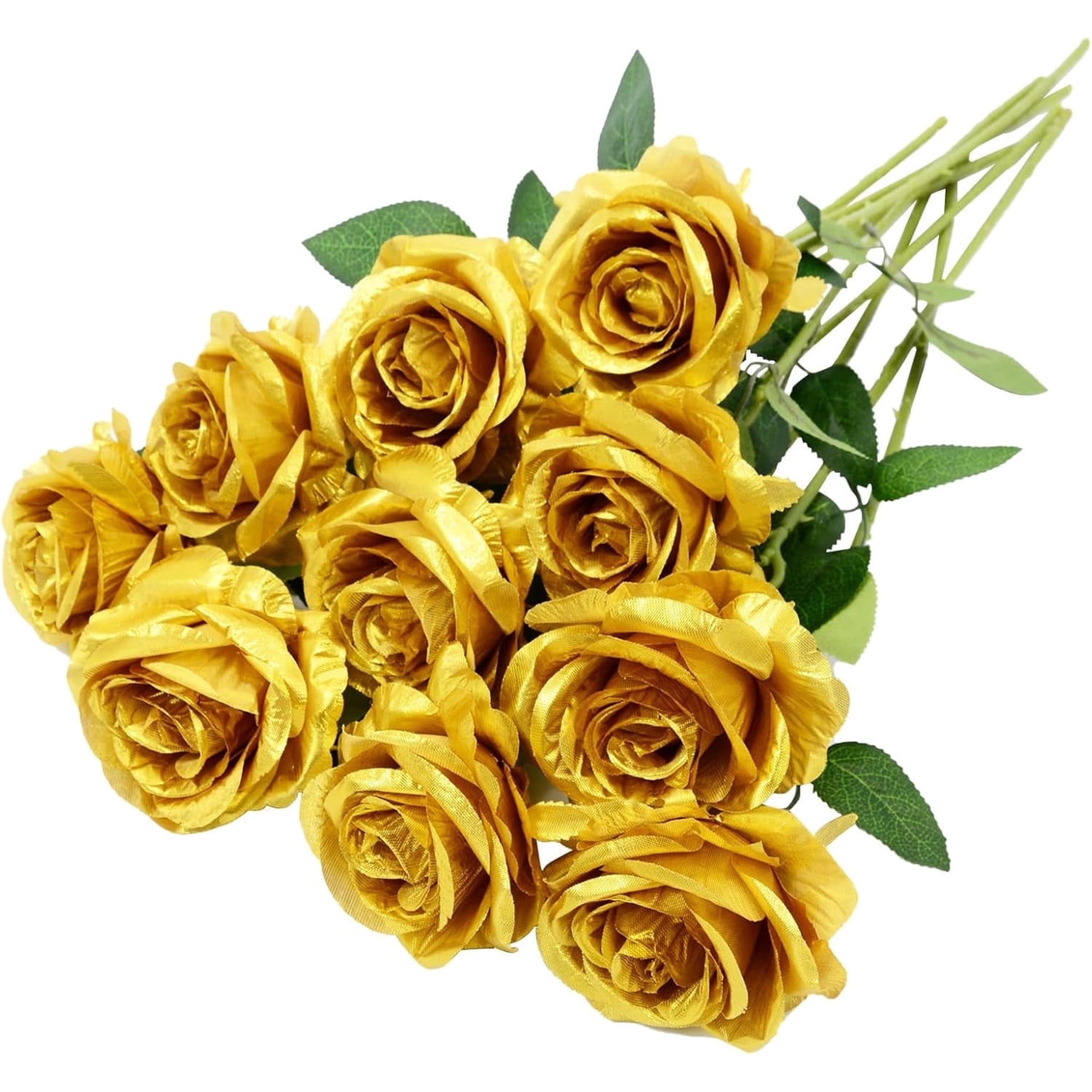 10pcs Gold Rose Artificial Flower,Artificial Rose Silk Flower 50cm Fake Rose Blossom Bridal Bouquet for Home Wedding Decor (Gold)
