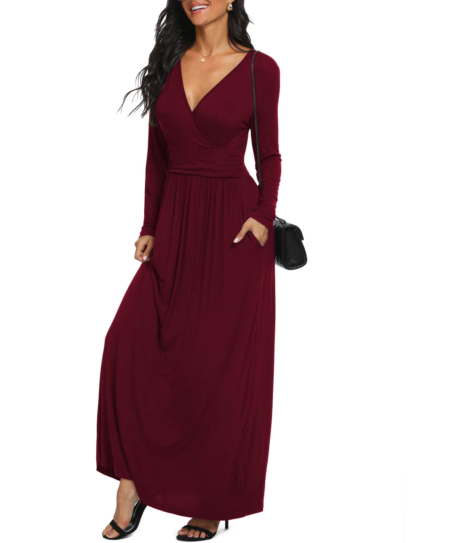 Lilbetter Women Long Sleeve Loose Plain Maxi Dresses Casual Long Dresses with Pockets Wine Red Small, Women's