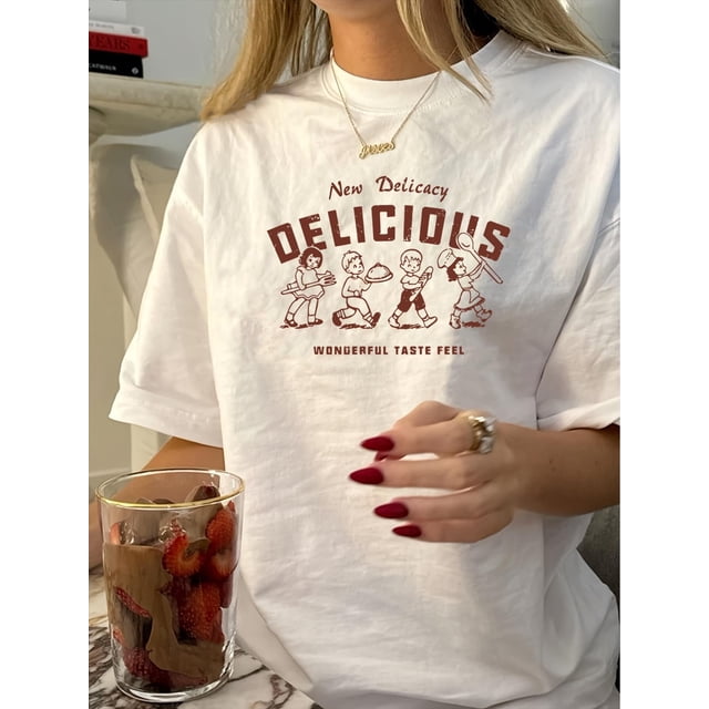 Women's Retro Casual Graphic Tee - "NEW DELICIOUS WONDERFUL TASTE FELL" Print, Short Sleeve, Crew Neck, Polyester, Summer Style, White with Brown Geometric Design, Ladies T Shirts