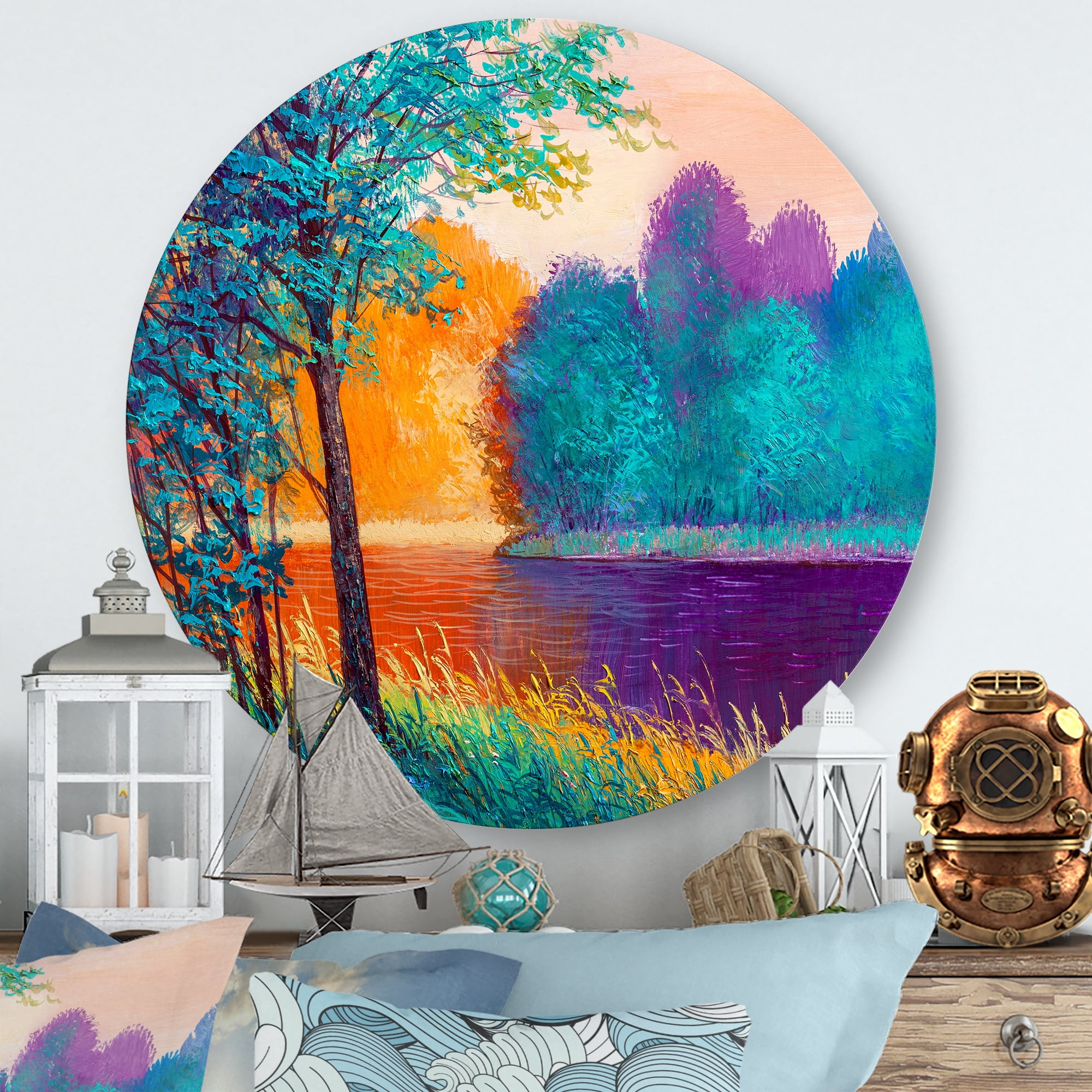 Designart 'Colorful Trees During Twilight Along River' Traditional Circle Metal Wall Art 23x23 - Disc of 23