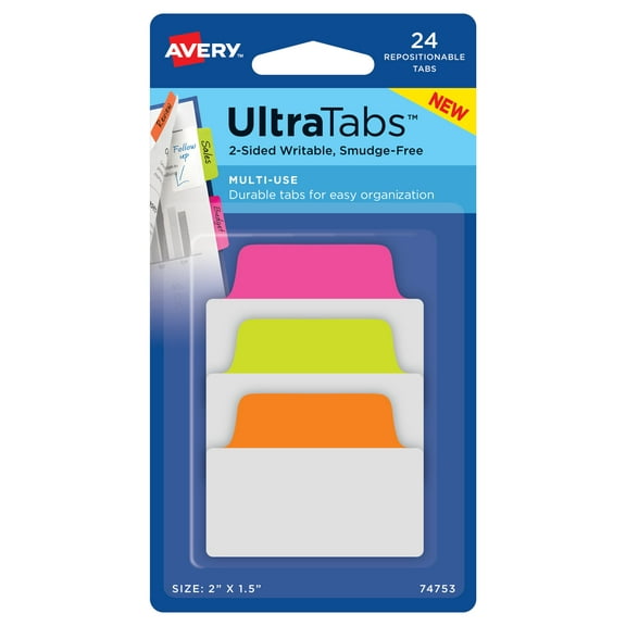 Ultra Tabs Repositionable Standard Tabs, 1/5-Cut Tabs, Assorted Neon, 2" Wide, 24/pack | Bundle of 5 Packs