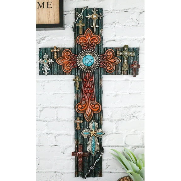 Rustic Western Layered Crosses Fleur De Lis Cowboy Turquoise Tooled Wall Cross