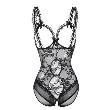 

UoCefik Women s Lace Lingerie Bodysuit One Piece Sexy Open Bra Babydoll Floral Hollow Out Teddy Black XXL