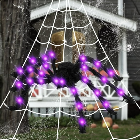Halloween Spider Webs Decorations, 50'' Light-up Giant Spider   275'' Giant Triangular Spider Web   100g Stretch Cobwebs for Halloween Decorations Outdoor Indoor Yard Home Parties House Décor
