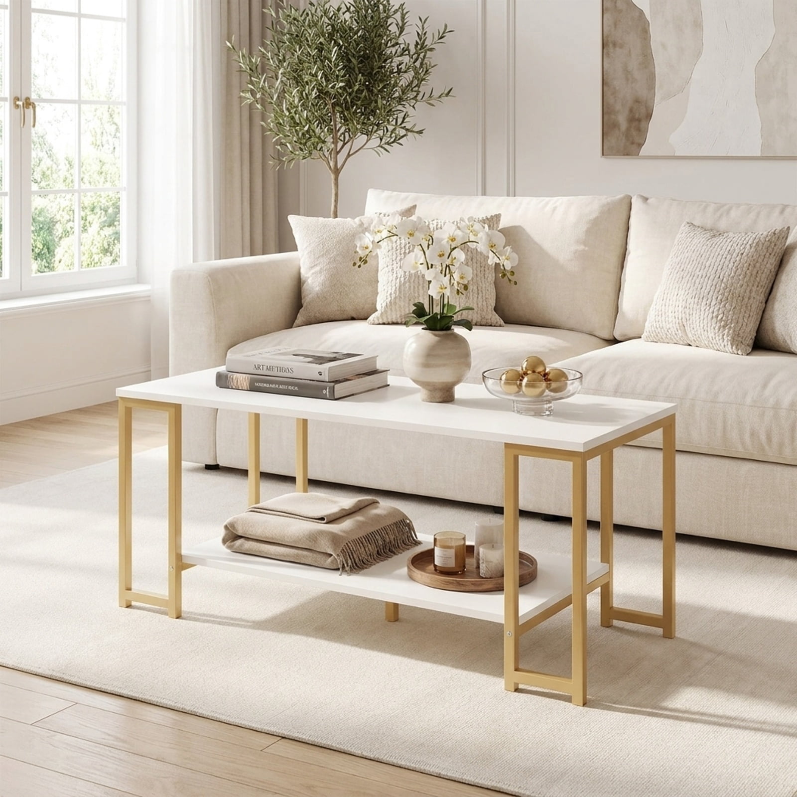 Furnibear Modern 2 Tier Accent Coffee Table with Open Storage Shelf and Metal Frame for Living Room Apartment and Lounge, White