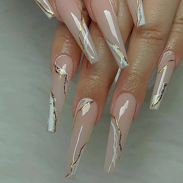 Uñas postizas a presión Cortas Medianas Stiletto, Uñas postizas para mujer, Diseño de punta negra rosa nude, Uñas acrílicas de cobertura total a presión, Pegamento para uñas reutilizable, 24 unidades