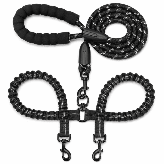 PLERISE Dual Pet Leash with 360° Swivel, No Tangle for Two, Shock Absorbing for Large Breeds, Black