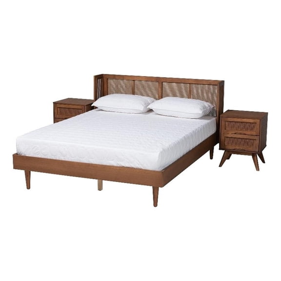 Baxton Studio Rina Ash Walnut Wood 3-Piece Full Size Bedroom Set with Rattan