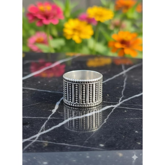 925 Sterling Silver Wide Band Ring – Oxidized Beaded Cigar Style Statement Ring for Women, Handmade Textured Jewelry Gift, Boho Silver Ring for Her