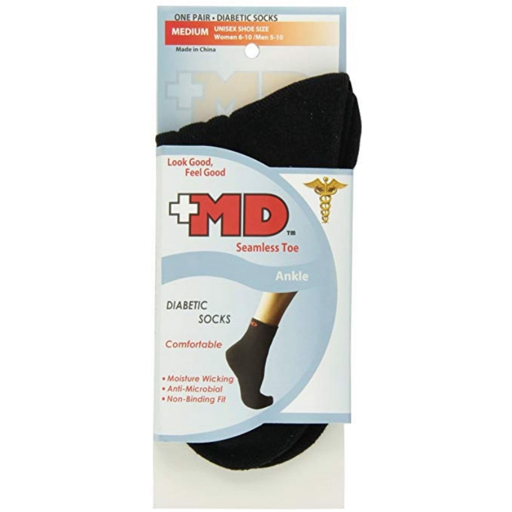 MD USA Ankle Diabetic Socks, Seamless Toe, Black, Medium
