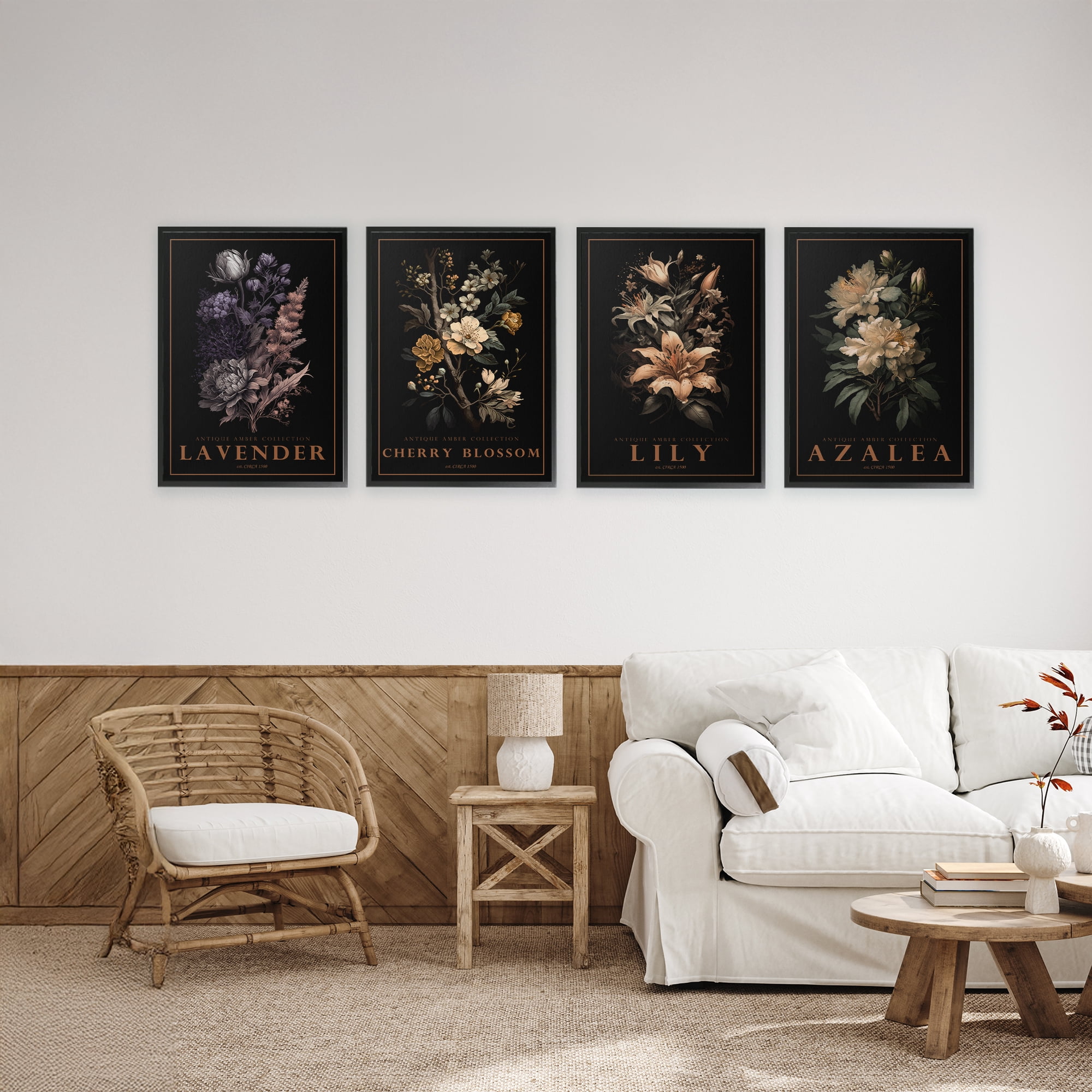 Stupell Industries Antique Varied Botanical Blooms 4 Piece Black Framed Giclee Art Set, design by Chris Giampietro