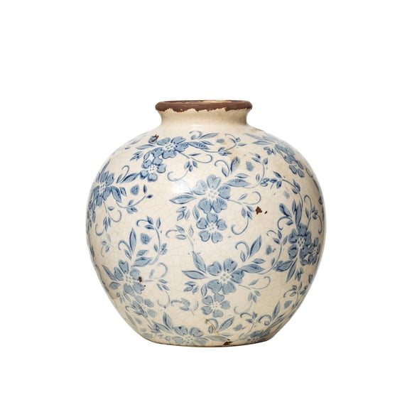 Creative Co-Op Df2720 Jarrón Con Diseño Floral De Terracota De 8 Pulgadas De Alto Y Acabado Craquelado, Color Azul