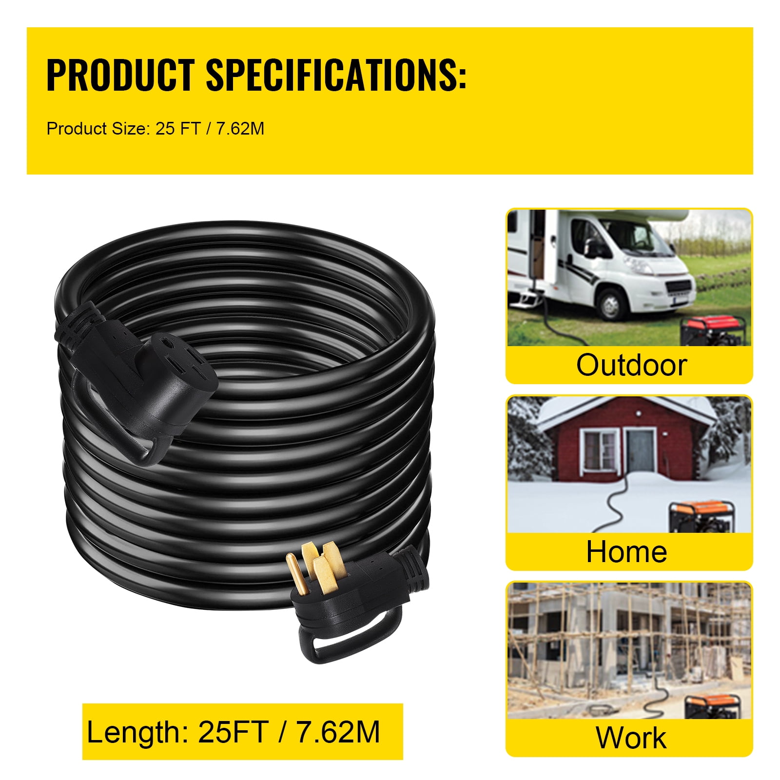 KFFKFF 25Ft 50A RV Extension Cord, Durable Power Cord, 6AWG/3C + 8AWG/1C STW Extension Cord, RV Power Cable for Trailer Motorhome Camper with Handles, 125/250V
