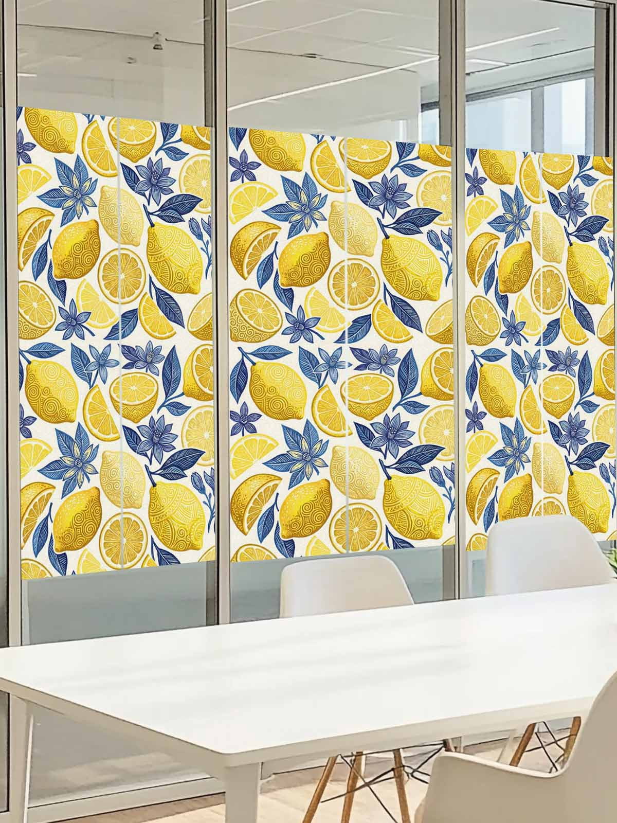 Summer Fruit Window Privacy Film, Watercolor Yellow Lemon Blue Flowers Rustic Frosted Glass Window Clings Static Cling UV Heat Blocking Reusable Door Sticker for Bathroom 29.5 x 118 Inch