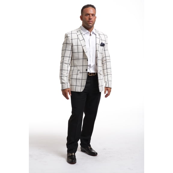 Elie Balleh White Embroidered Plaid Men's Blazers Sports Coat Jacket