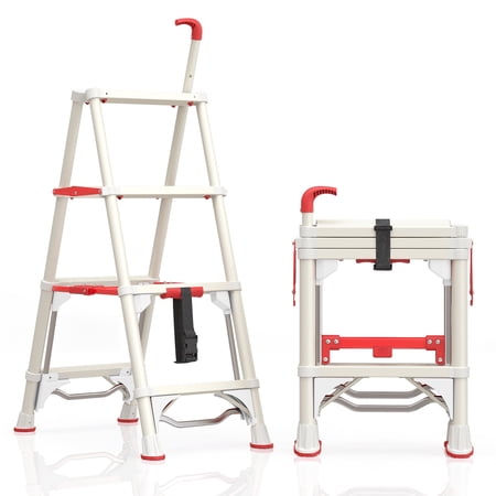 MAISON HUIS 4-Step Folding Ladder, 3.5 ft Steel Ladder with Handrail, 380 lb, White