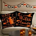 thumbnail image 2 of Set of 2 16x16 Inch Halloween Decorative Pillow Covers Black Orange Witch with Cat Bat Crow Case Cushion Cover Cotton Linen Hat Magic Broom Square Pillowcase for Home Couch Bedroom, 2 of 6