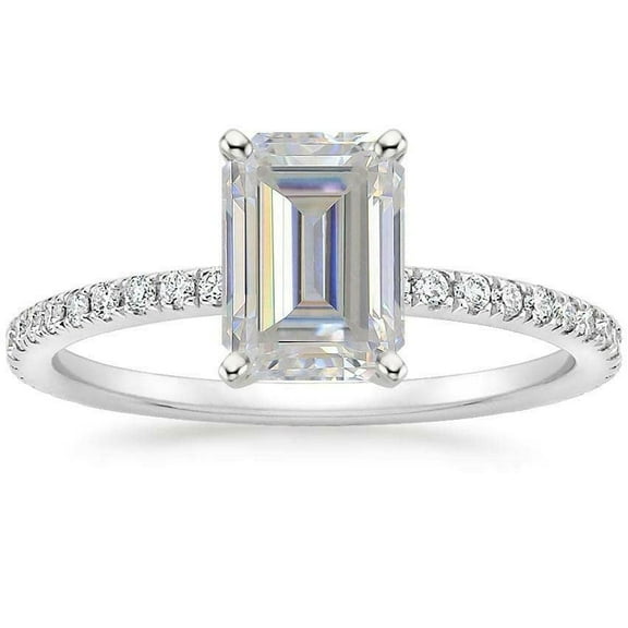HeartsAndYou 4ct Emerald Cut Moissanite Engagement Ring for Women 18k White Gold over Silver Round Accent
