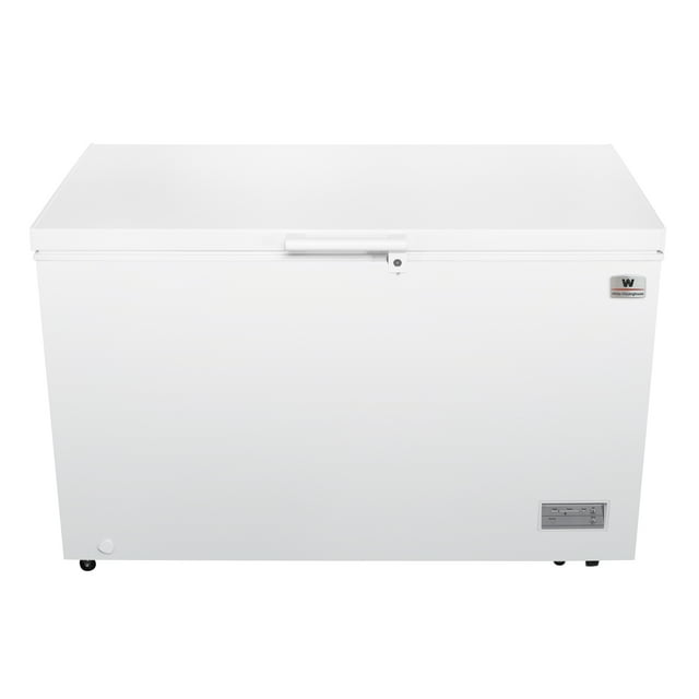 white westinghouse congelador 14 pies |380 l acero blanco control dual de temperatura condensador interno canastilla interior manija exterior cerradura llave luz interior ruedas Congelador horizontal White‑Westinghouse blanco 14 pies (380 L), vista frontal centrada con tapa cerrada; cuerpo rectangular de acero blanco, manija exterior con cerradura, placa de control en la base derecha, logotipo en esquina superior derecha, ruedas en la base y canastilla interior para organización; apto también para uso como refrigerador temporal por su función dual.