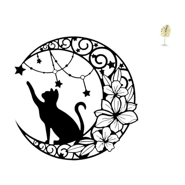 Escultura De Pared De Metal Con Armonía De Gato Y Hojas Iluminada Por La Luna Para Decoración Del Hogar. Figura Abstracta De Gato Negro Y Hoja Para Estantería Y Decoración De Bar.