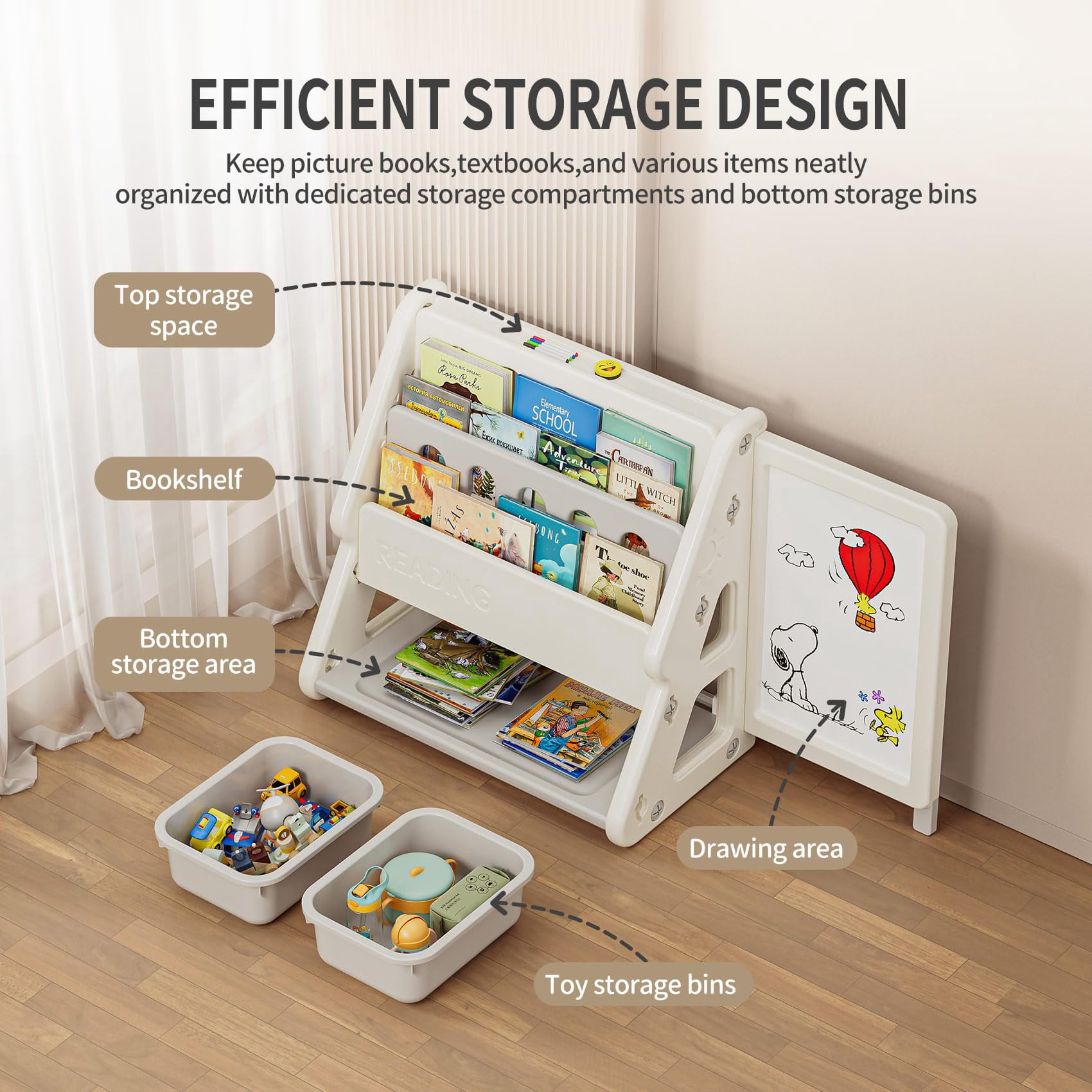 UNICOO® Toddler 3 in 1 Art Board Bookshelf and Organizer, 2-Tier Bookshelves with Storage Rack & Bins, Retractable Drawing Board, Lightweight & Compact for Nursery, Playroom(Grey & White)