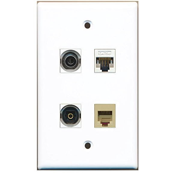 RiteAV - 1 Port Phone RJ11 RJ12 Beige 1 Port Toslink 1 Port 3.5mm 1 Port Cat5e Ethernet White Wall Plate