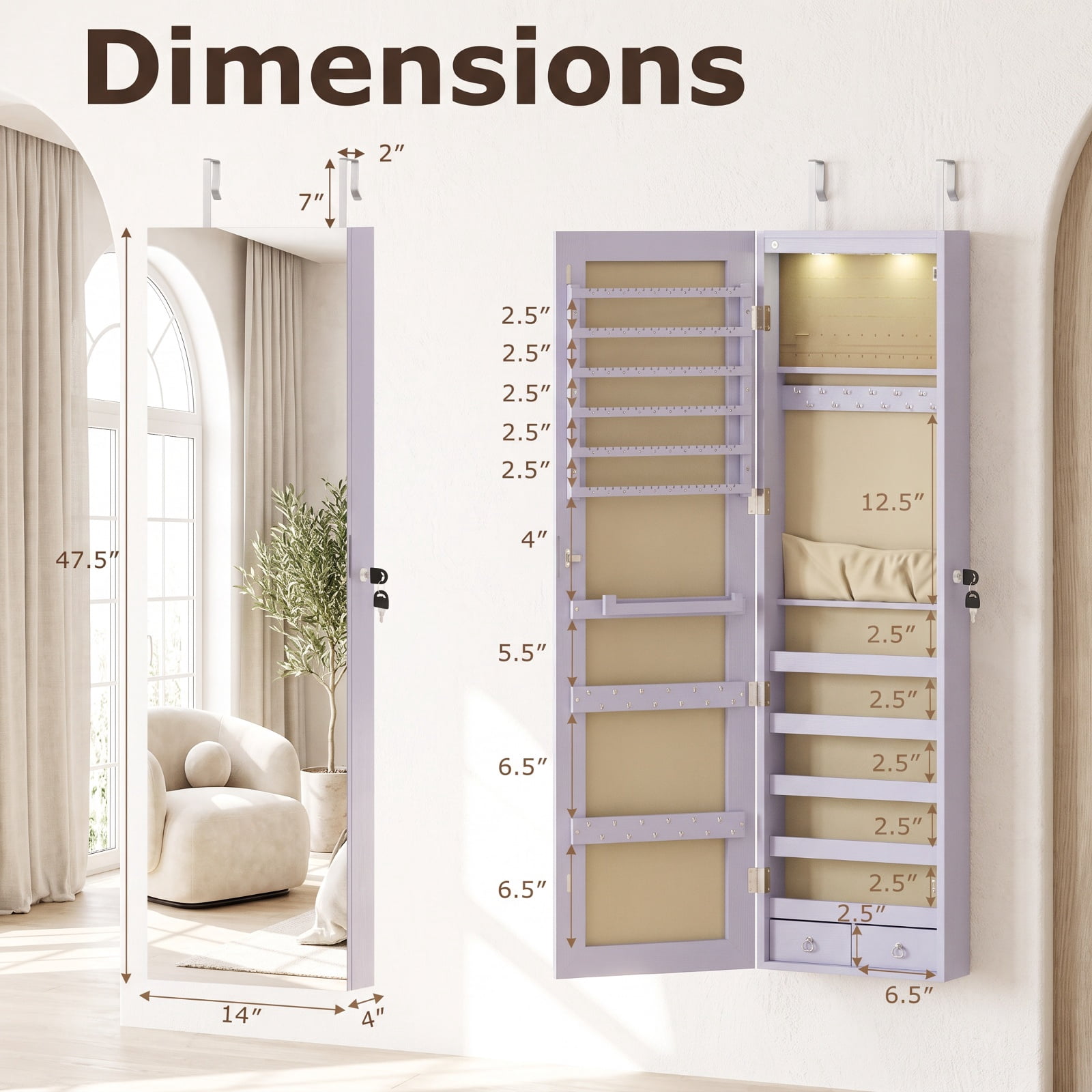 Furnibear Wall and Door Mounted Mirrored Jewelry Cabinet with Lights for Bedroom Dressing Room Jewelry Necklace Rings Storage Mirror, Purple