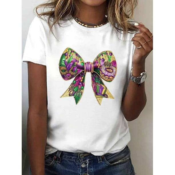 Camiseta con estampado de máscara de Mardi Gras, cuello redondo, manga corta, informal, para verano y primavera. Ideal para mujeres adultas, hombres, mujeres, adolescentes, jóvenes y deportes.