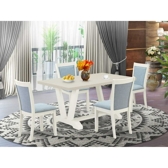 East West Furniture V-Style 5-Piece Asian Wood Dining Set in White/Baby Blue