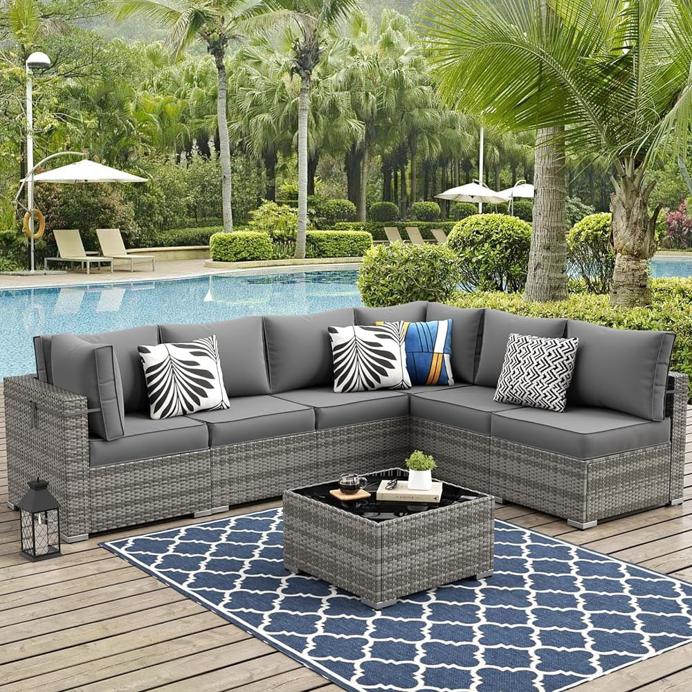 ELPOSUN Patio Furniture Set, 7-Piece Patio Furniture Set with Coffee Table & Waterproof Covers, All-Weather Wicker Outdoor Sectional for Backyard Balcony, Gray