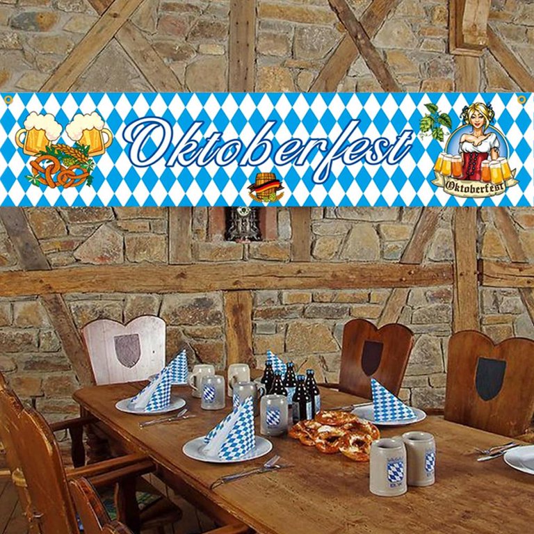 Oktoberfest Pennant Banner & Decor Kit - Bavarian Blue Check Flags, 2m Banner, Table Runner, Pre-Strung
