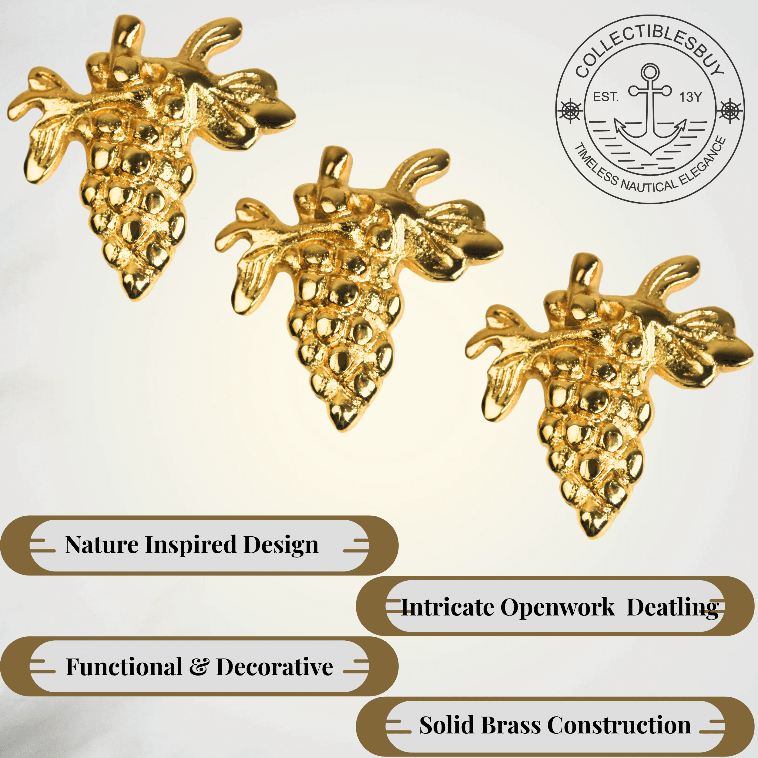 Shiny Brass Bunch of Grapes Cabinet Knob – Golden Fruit Drawer Pull for Kitchen, Bar Cabinet, Dresser & Furniture | Decorative Vintage Style Handle Home Decor (Grapes Set of 3)