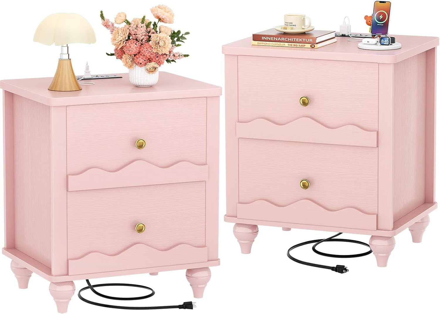 Homieasy Nightstands Set of 2, Modern Nightstand with Power Outlet and 2 Wave Pattern Drawers, Bedside Table for Bedroom, Living Room, Pink