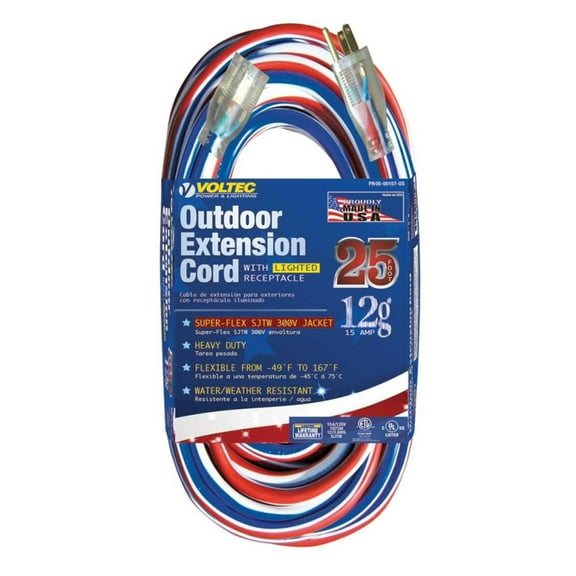 Voltec Extension Cord 25 Ft. 12/3 Sjtw Red/white/blue With Lighted End