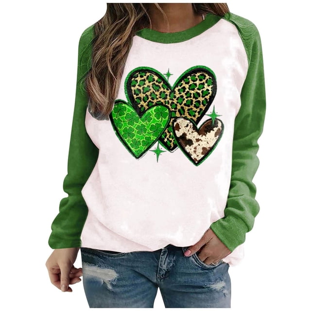 QIPOPIQ T-Shirts à Manches Longues Col Rond pour Femmes T-Shirts de la Saint-Patrick T-Shirts Imprimés Cœur Trèfle T-Shirt Chanceux Vert Haut Col Rond T-Shirt T-Shirt de la Saint-Patrick Offres de Vacances