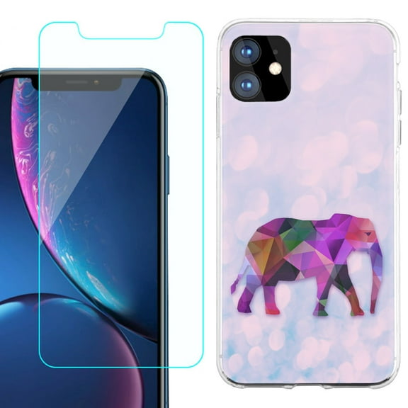 For Apple iPhone 11 Case , Slim-Fit TPU Protective Phone Case with Tempered Glass Screen Protector, by OneToughShield ® - Elephant /Polygon