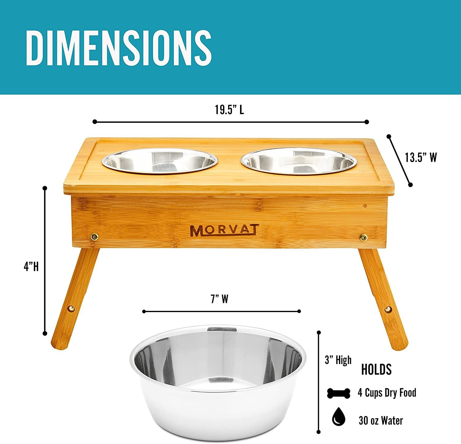 Morvat Bamboo Adjustable Height Double Dog & Cat Pet Feeder & 4 Metal Dish Bowls