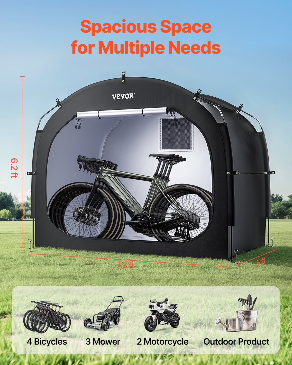 VEVOR Bike Storage Tent, 4 to 5 Bikes, Outdoor Spacious Bike Storage Tent with Ventilated Window, Waterproof Easy-to-Install Bike Tent with High Strength Fiberglass & Dual Zippers, Fit for Bicycle