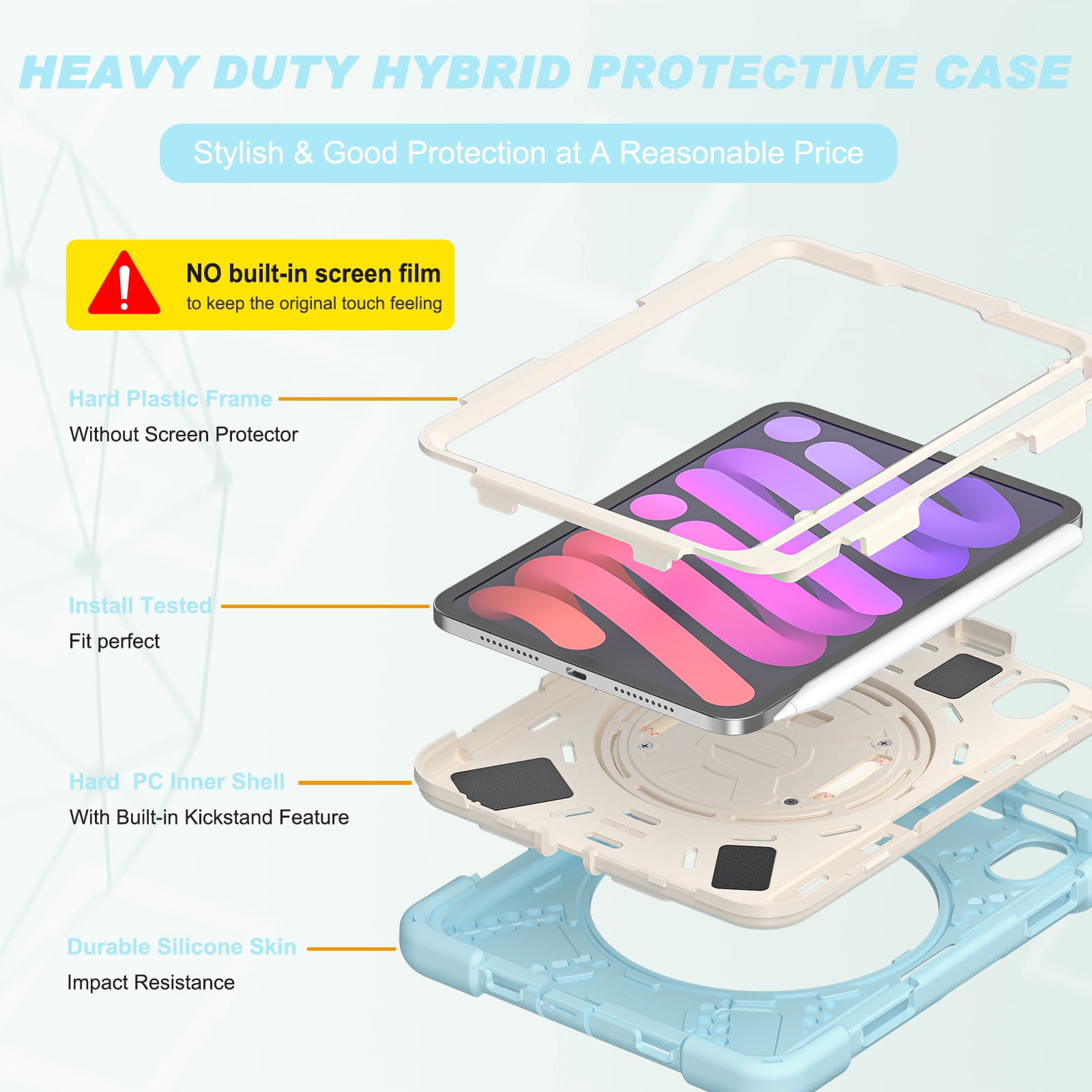 Allytech iPad mini 6 Case 8.3-inch 2021, Military Grade Shockproof Anti-scratch Build-in Pencil Holder Kickstand Hand Strap Protective Case Cover for Apple iPad mini 6th Generation, Lightblue