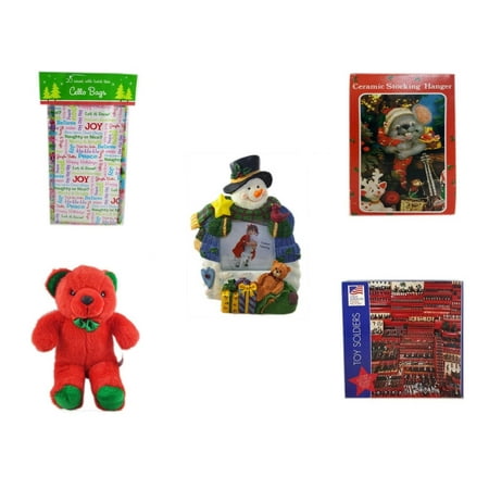 Christmas Fun Gift Bundle [5 Piece] - 2-Pk  Sayings Cello Bags 20 Count - Vintage Designed Stocking Hanger Mouse - Battery Lighted  Snowman Photo Frame - Soft & Cuddly Red  Bear  10