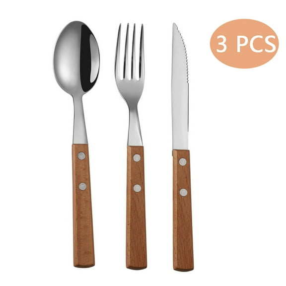 CHUANK Stainless Steel Flatware Set, Spoons and Forks Cutlery Serving Set 3 Wooden Handle Dinner Knife Fork Spoon Set