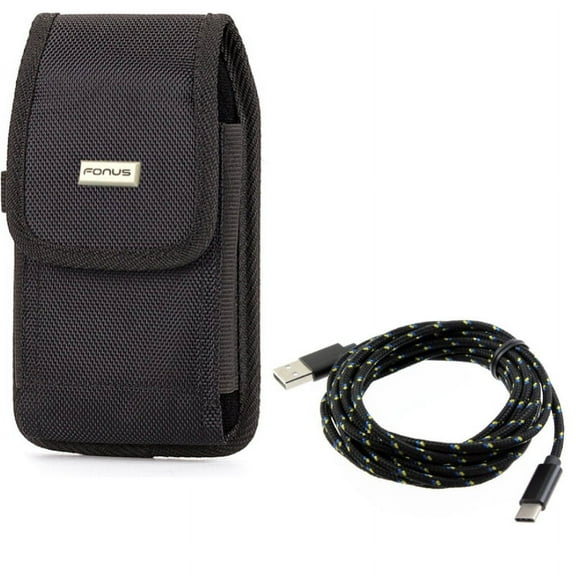 Rugged Durable Canvas Case Holster Metal Belt Clip w Black Durable Braided 10ft Long Type-C Cable Rapid Charger Sync USB Wire X1N for Google Pixel 3a XL 3 XL 2 XL - HTC Bolt, U11