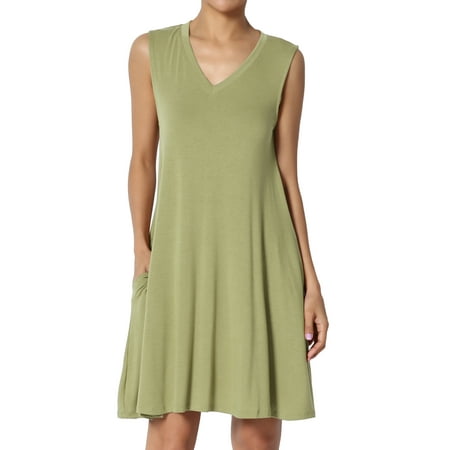 - TheMogan Women's S~3X Sleeveless V-Neck Pocket Swing Flared Long Tank Top Mini Dress