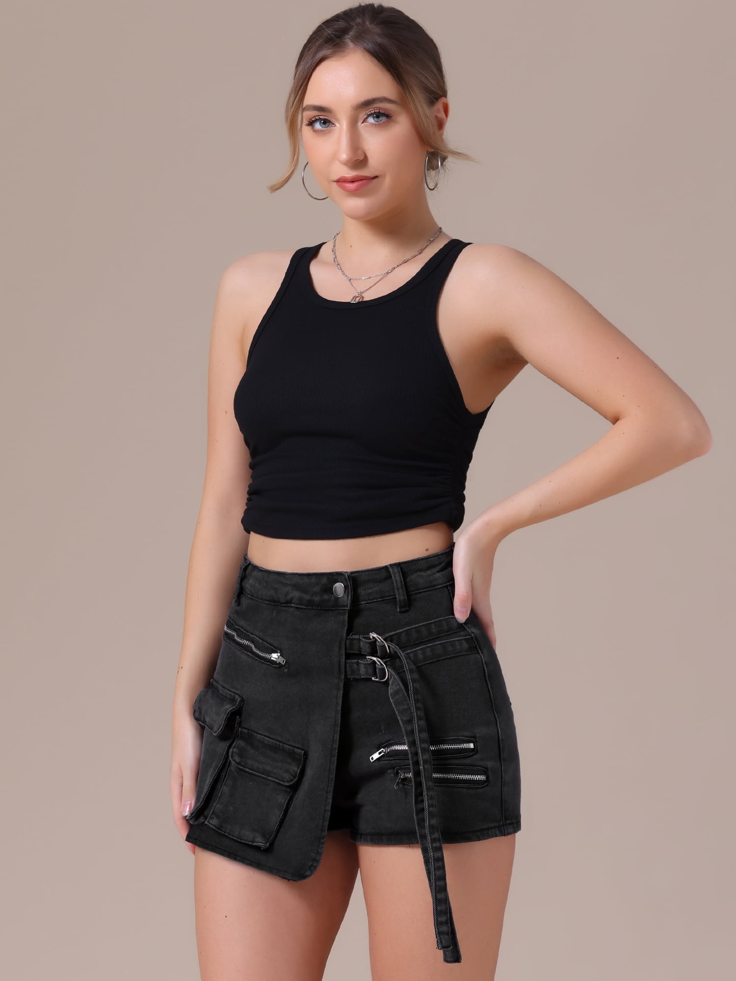 DARING DIVA Women's High Waist Western Asymmetrical Denim Cargo Skirt Shorts L Black