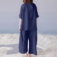 thumbnail image 4 of CIENVNSTG 2 Piece Sets Woman Trendy V-Neck Long Sleeve Linen Shirt Top Drawstring Straight Pants Set Navy M, 4 of 5