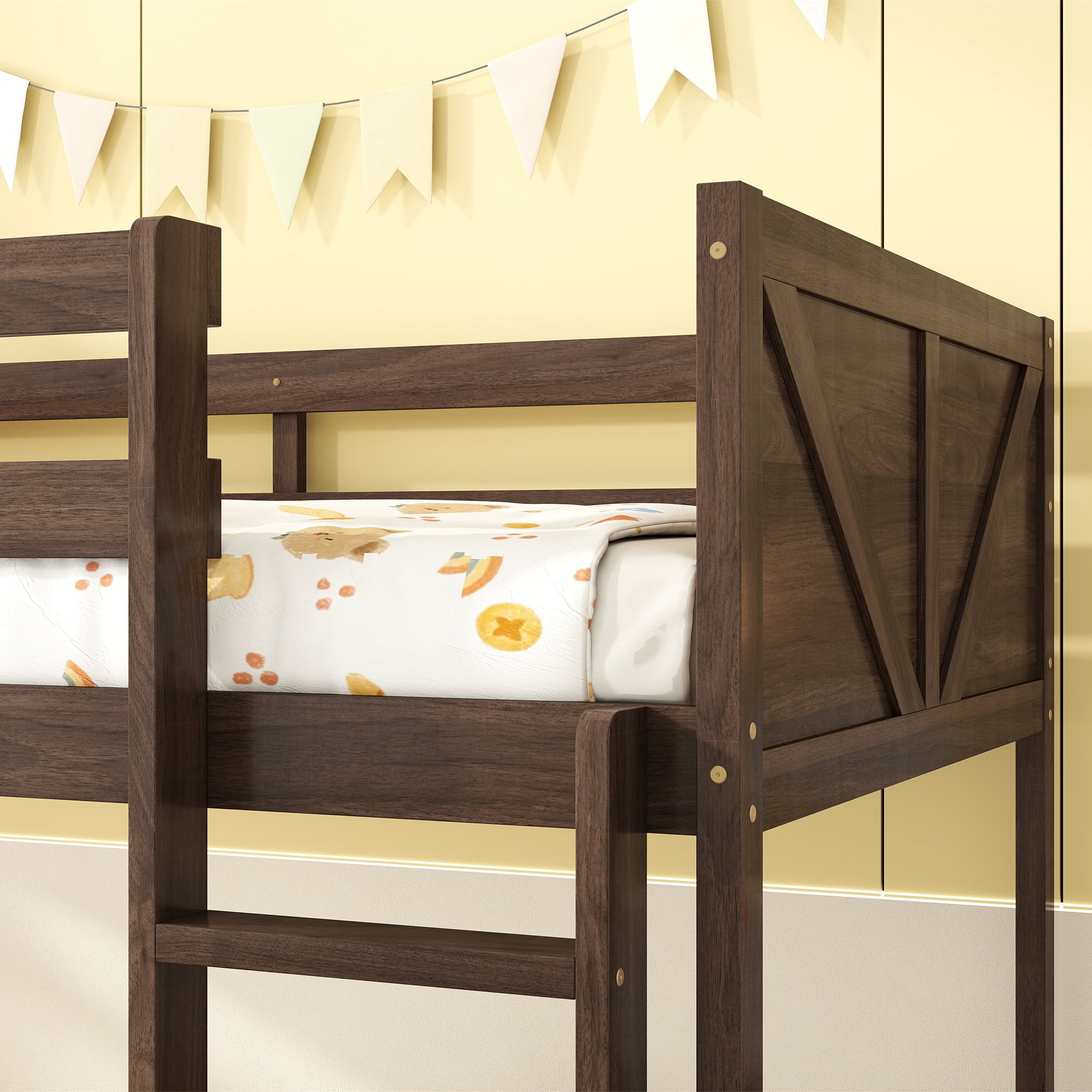 Alvantor Twin Over Twin Bunk Bed, Wooden Low Bunk Bed with Full-Length Guardrails and Ladder, Space-Saving Bed Frame for Kids, Antique Oak