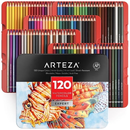 Arteza Professional Watercolor Pencils for Adults & Kids, Set of 120, Water-Soluble Colored
