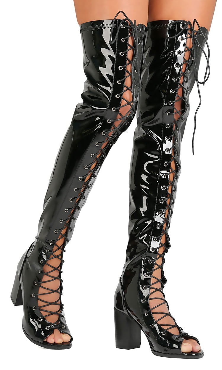 chunky heel lace up thigh high boots